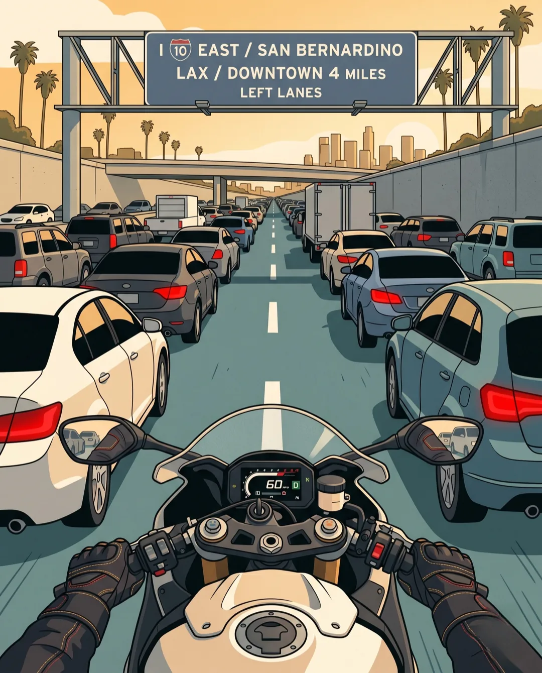 Blick aus der Perspektive des Fahrers von einem Motorrad, das in der Abenddämmerung auf einem Freeway in Los Angeles zwischen zwei Reihen stehender Fahrzeuge durchfährt; ein Schild über der Fahrbahn zeigt I-10 East / San Bernardino, LAX / Downtown, 4 Meilen voraus.