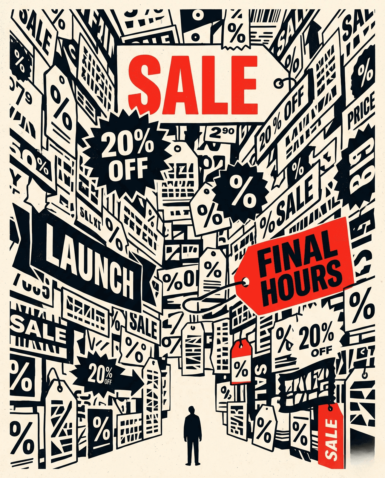 Dichte schwarz-weisse Collage im Holzschnitt-Stil aus sich überlappenden Rabattschildern — SALE, 20% OFF, LAUNCH, FINAL HOURS, Preisschilder und Prozentzeichen randvoll aneinandergedrängt — mit einer einzelnen kleinen menschlichen Figur, die unten allein steht, winzig vor der Wand aus Rabatten. SALE und FINAL HOURS in Rot hervorgehoben.